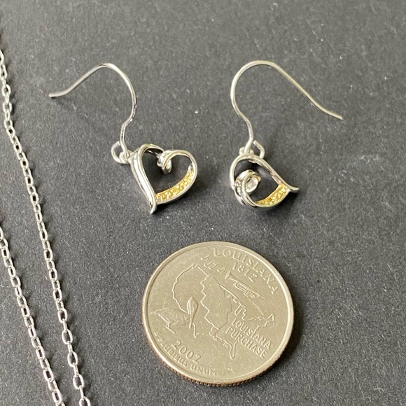 * Yellow diamond heart earrings and necklace set, rhodium/brass - Picture 3 of 5